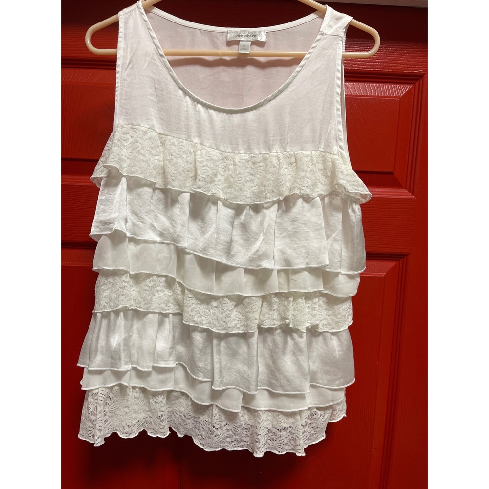 Dressbarn White Tiered Ruffle Lace Tank Top Sleeveless Scoop Neck Womens Medium